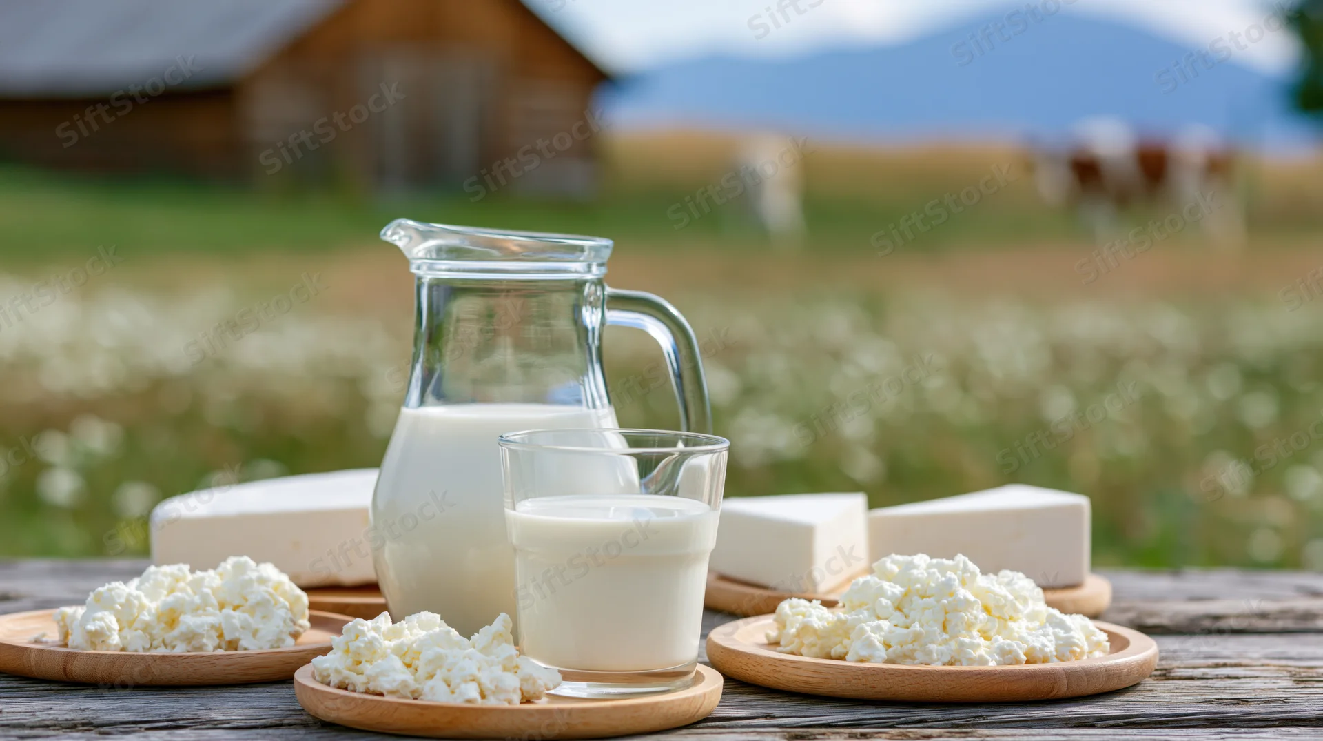Glass pitcher and tumbler of milk with cheese on wooden table in front of farm field