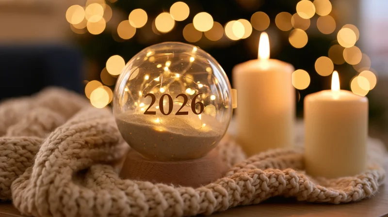 Glass snow globe with 2026 inscription and lit candles on a knitted scarf, set against warm bokeh lights in a cozy indoor setting