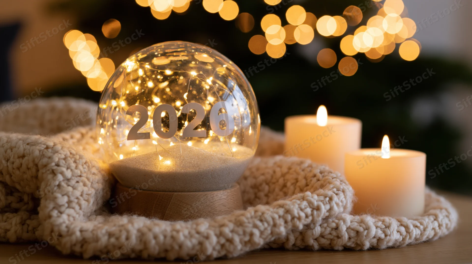 Glass snowglobe with 2026 number and candles on knit blanket near christmas lights