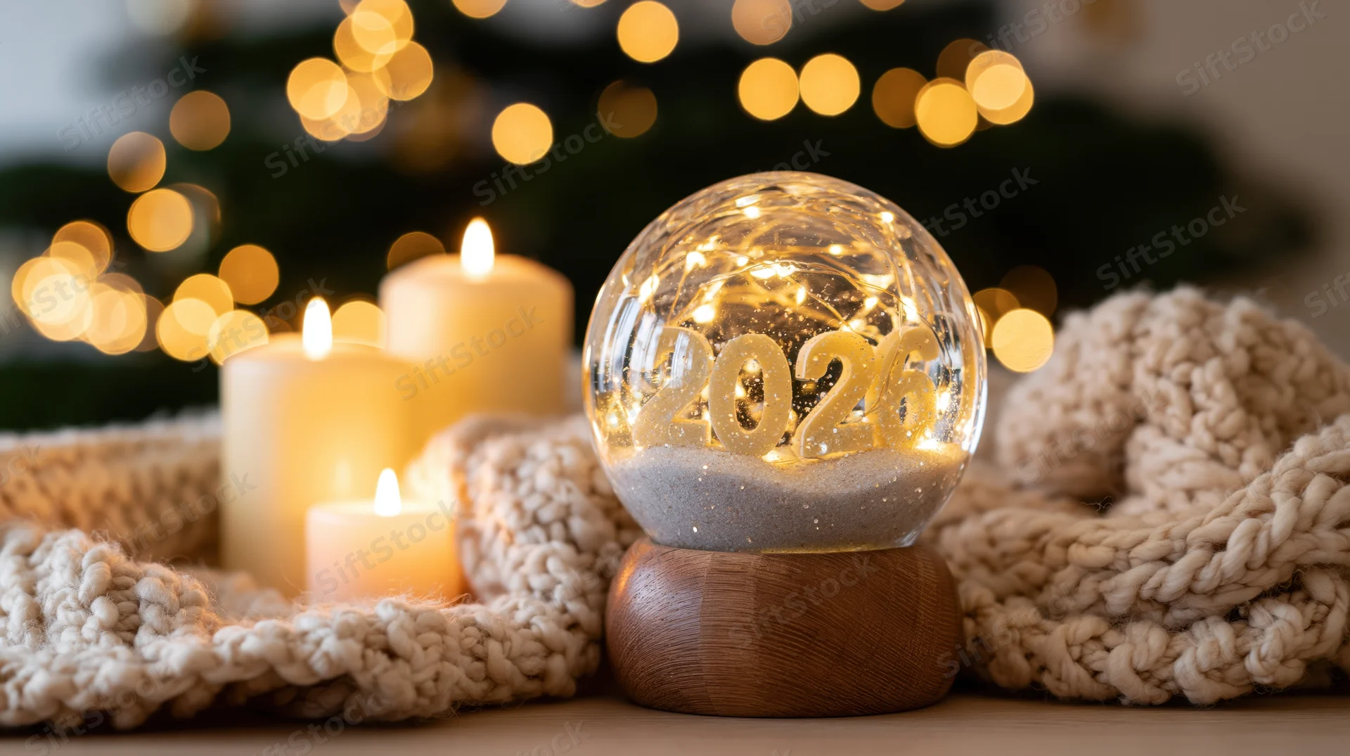 Glass snowglobe with 2026 numbers and glitter on wooden base beside lit candles and knitted scarf on table near christmas tree