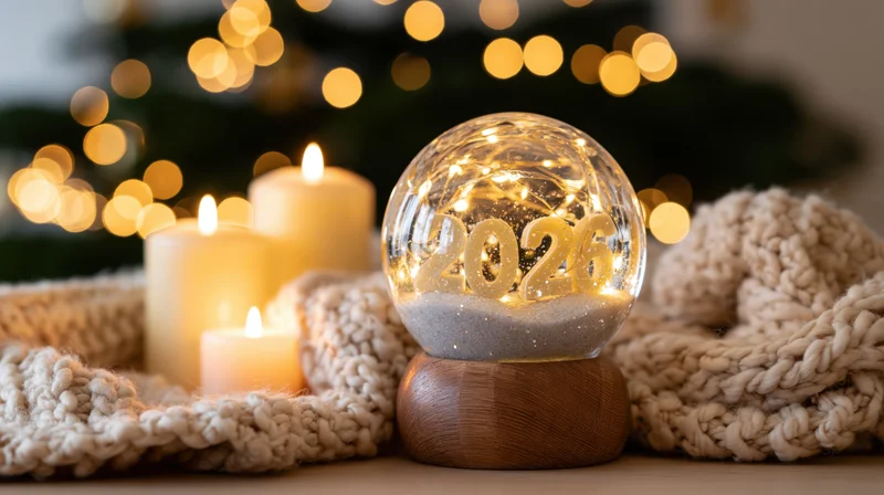 Glass snowglobe with 2026 numbers and glitter on wooden base beside lit candles and knitted scarf on table near christmas tree