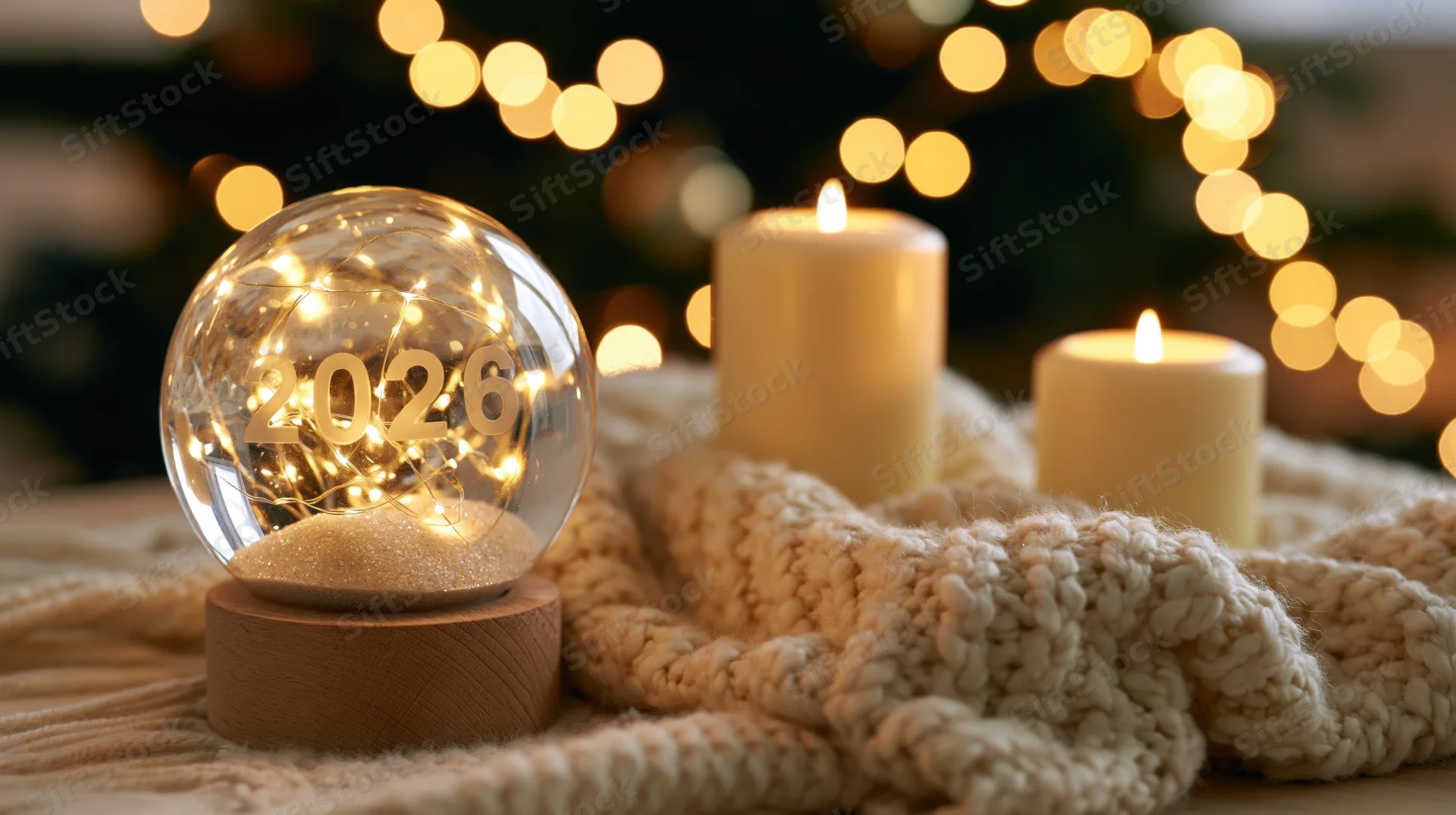 Glass snowglobe with 2026 inscription on wooden base beside candles on knitted blanket with string lights in background
