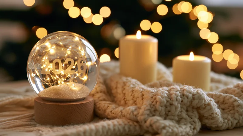 Glass snowglobe with 2026 inscription on wooden base beside candles on knitted blanket with string lights in background