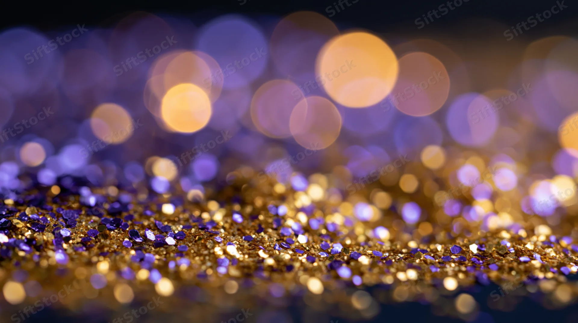 Gold and purple glitter scattered across a dark surface with bokeh lights in the background