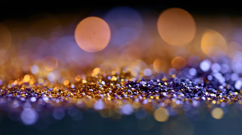 Gold and purple glitter scattered across a dark surface with bokeh lights in the background