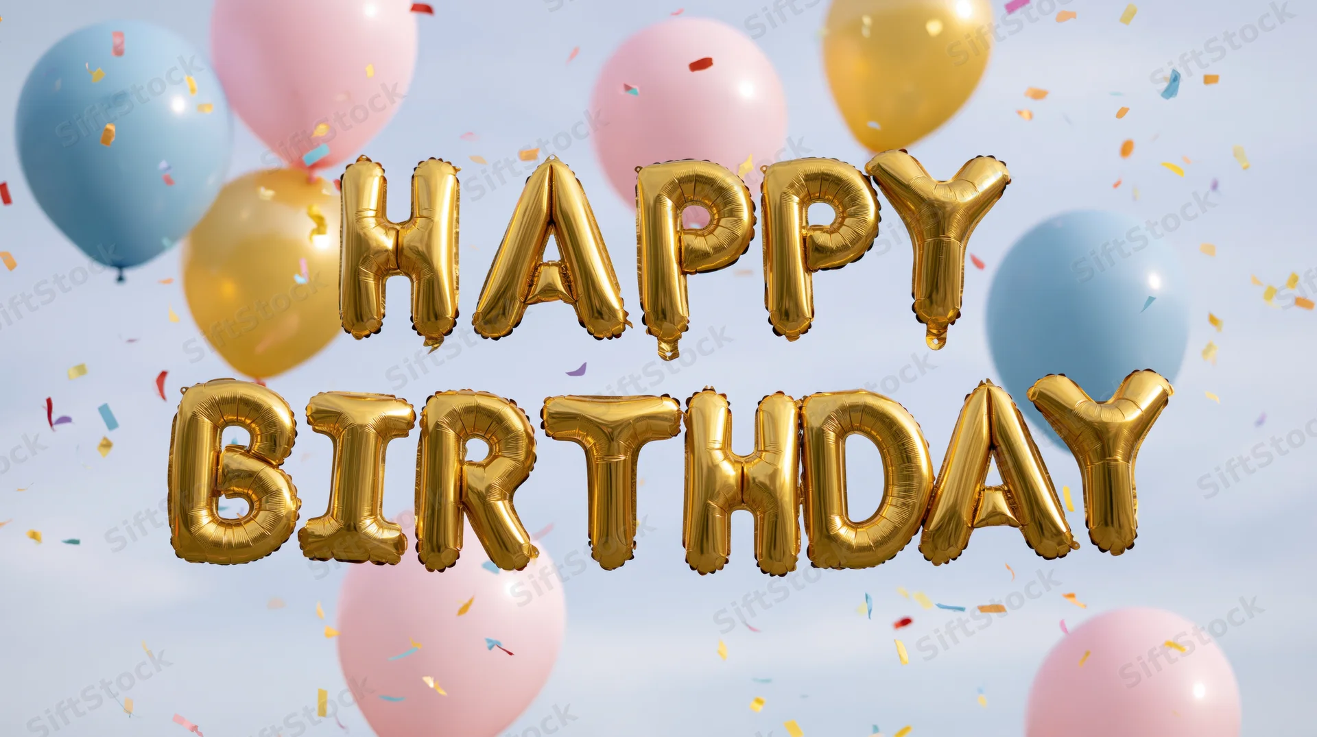 Gold foil letter balloons spelling happy birthday floating among pastel balloons and confetti in sky