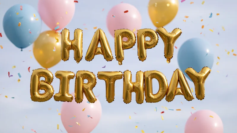Gold foil letter balloons spelling happy birthday floating among pastel balloons and confetti in sky
