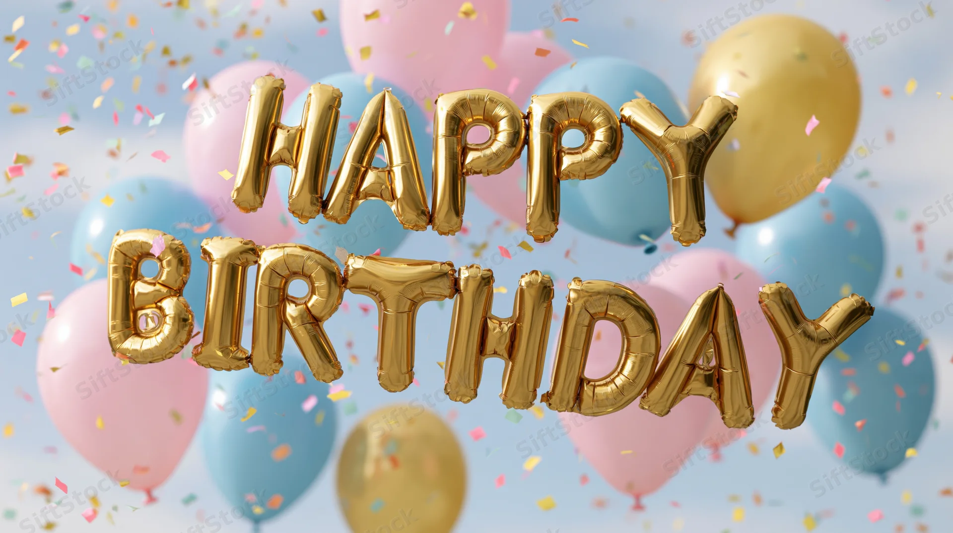 Gold foil letter balloons spelling happy birthday floating among colorful balloons with confetti in sky