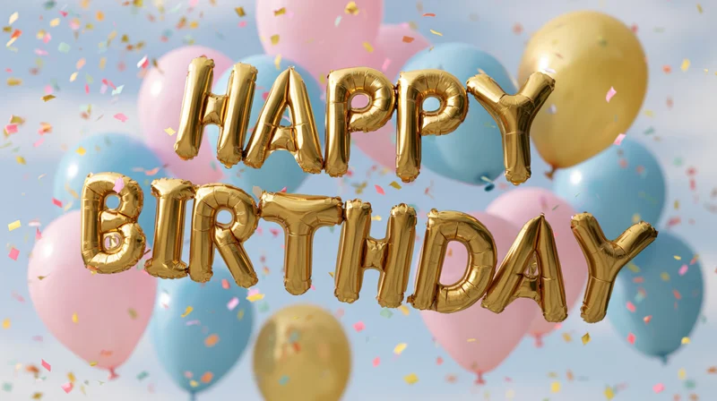 Gold foil letter balloons spelling happy birthday floating among colorful balloons with confetti in sky