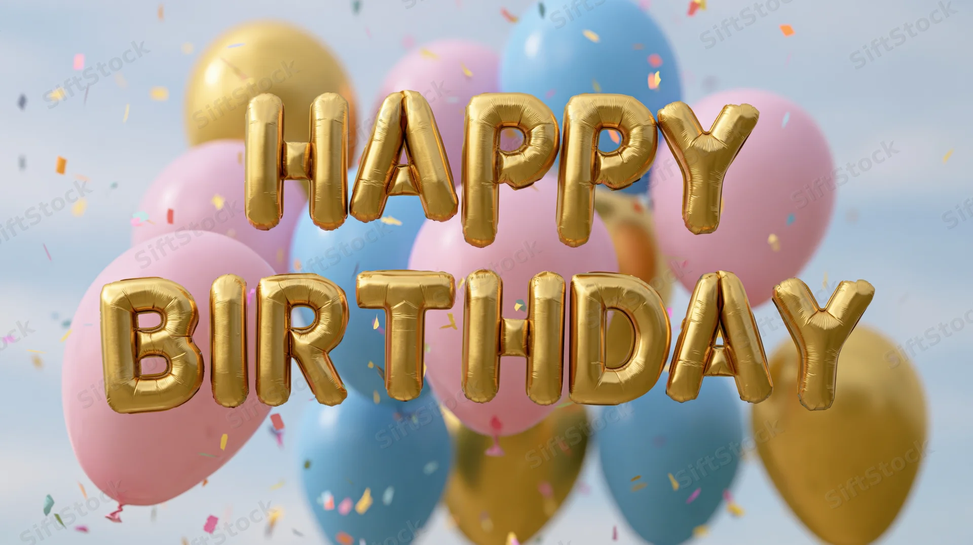 Gold foil letter balloons spelling happy birthday floating among colorful balloons with confetti against a light sky background