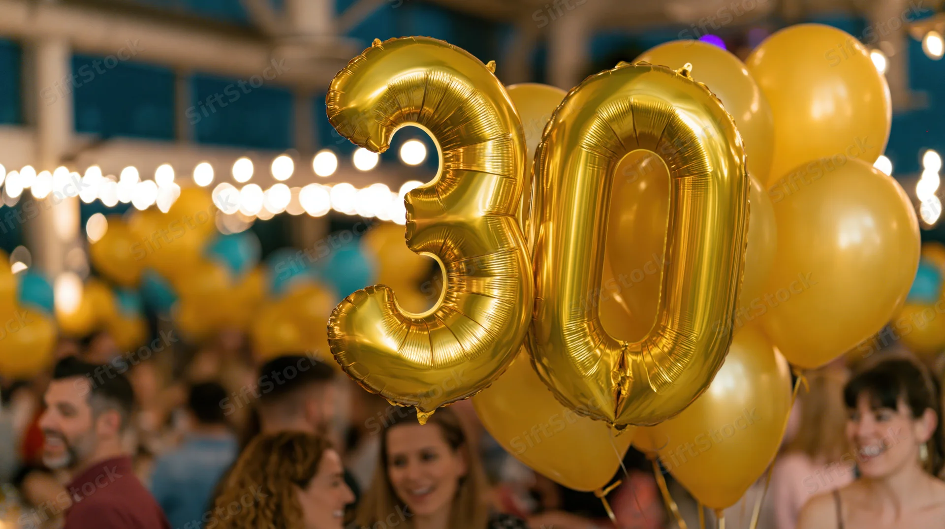 Gold foil number 30 balloons floating at a birthday party with smiling people in the background