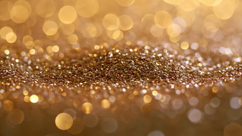 Gold glitter scattered across a flat surface with bokeh lights in the background