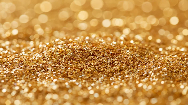 Pile of gold glitter on a flat surface with blurred sparkling background
