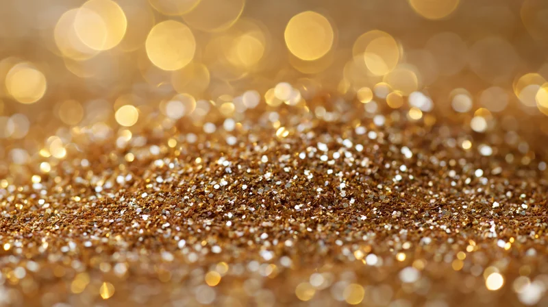 Gold glitter scattered across a flat surface with bokeh lights in the background