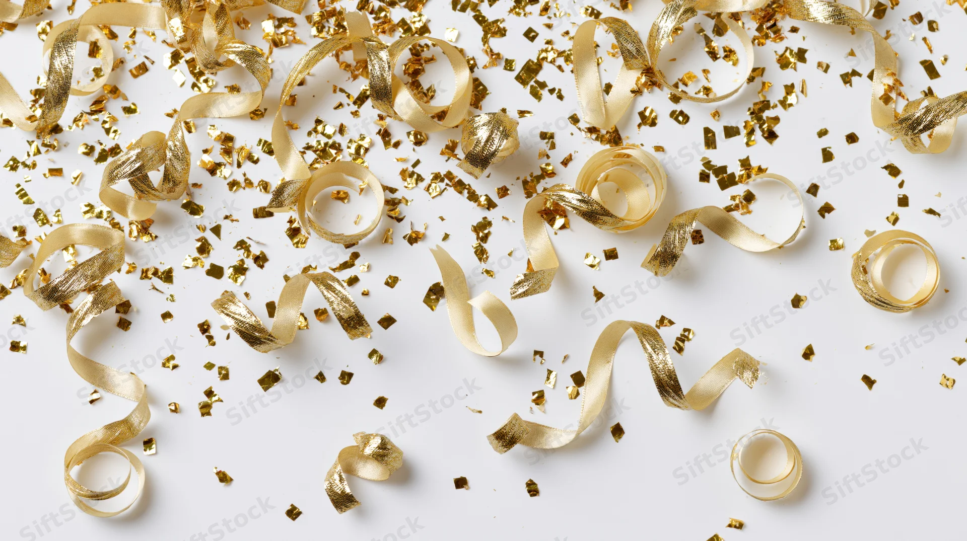 Gold metallic confetti and curled ribbon streamers scattered on white surface