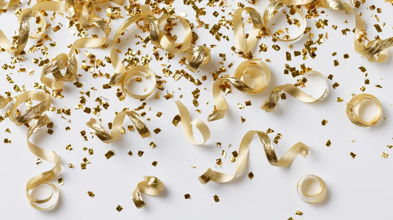 Gold metallic confetti and curled ribbon streamers scattered on white surface
