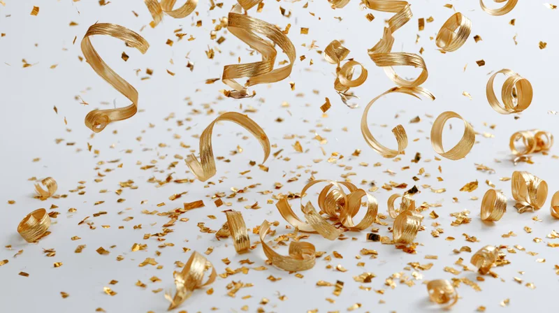 Gold metallic confetti and curled ribbon streamers falling against a white background