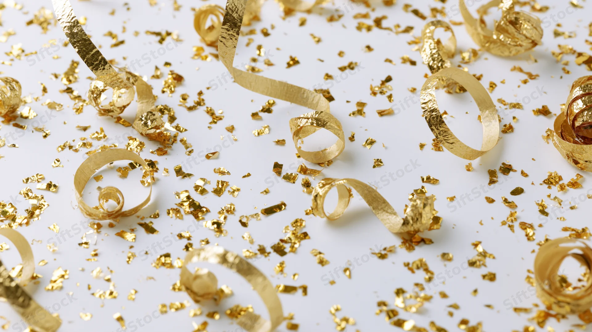 Gold metallic confetti and curled ribbon streamers scattered on white surface