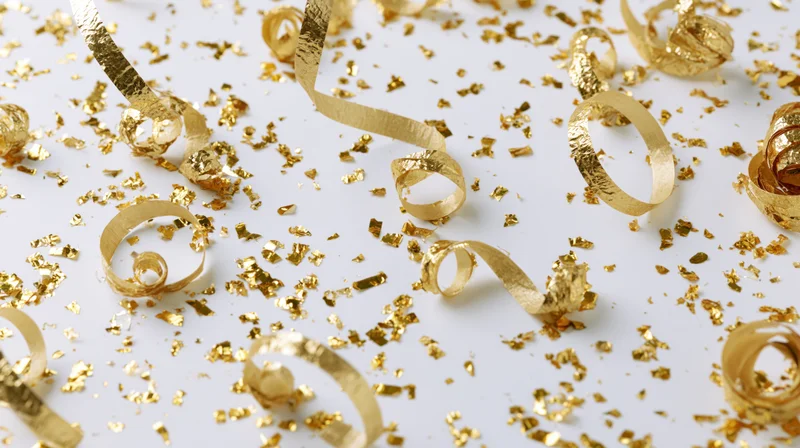 Gold metallic confetti and curled ribbon streamers scattered on white surface