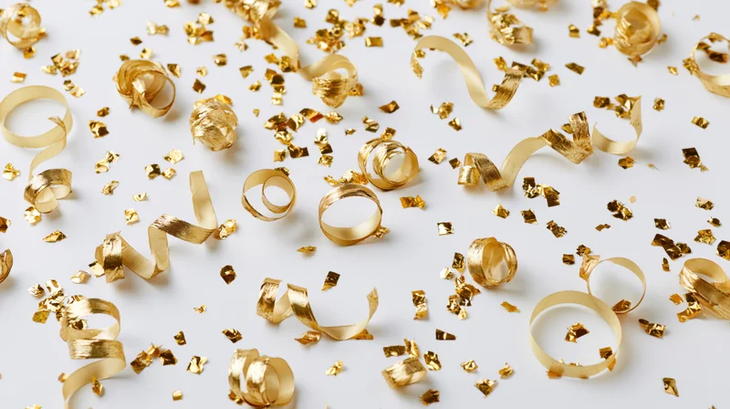Gold confetti and ribbon streamers falling on white surface