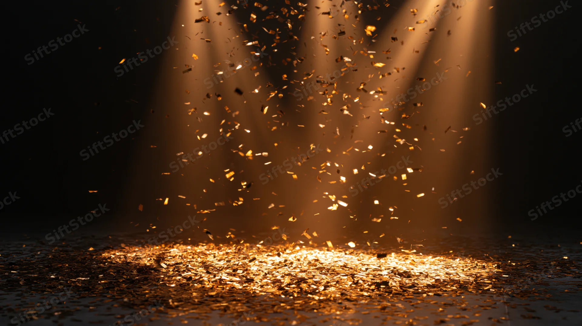 Gold metallic confetti falling through converging stage spotlights onto a dark floor