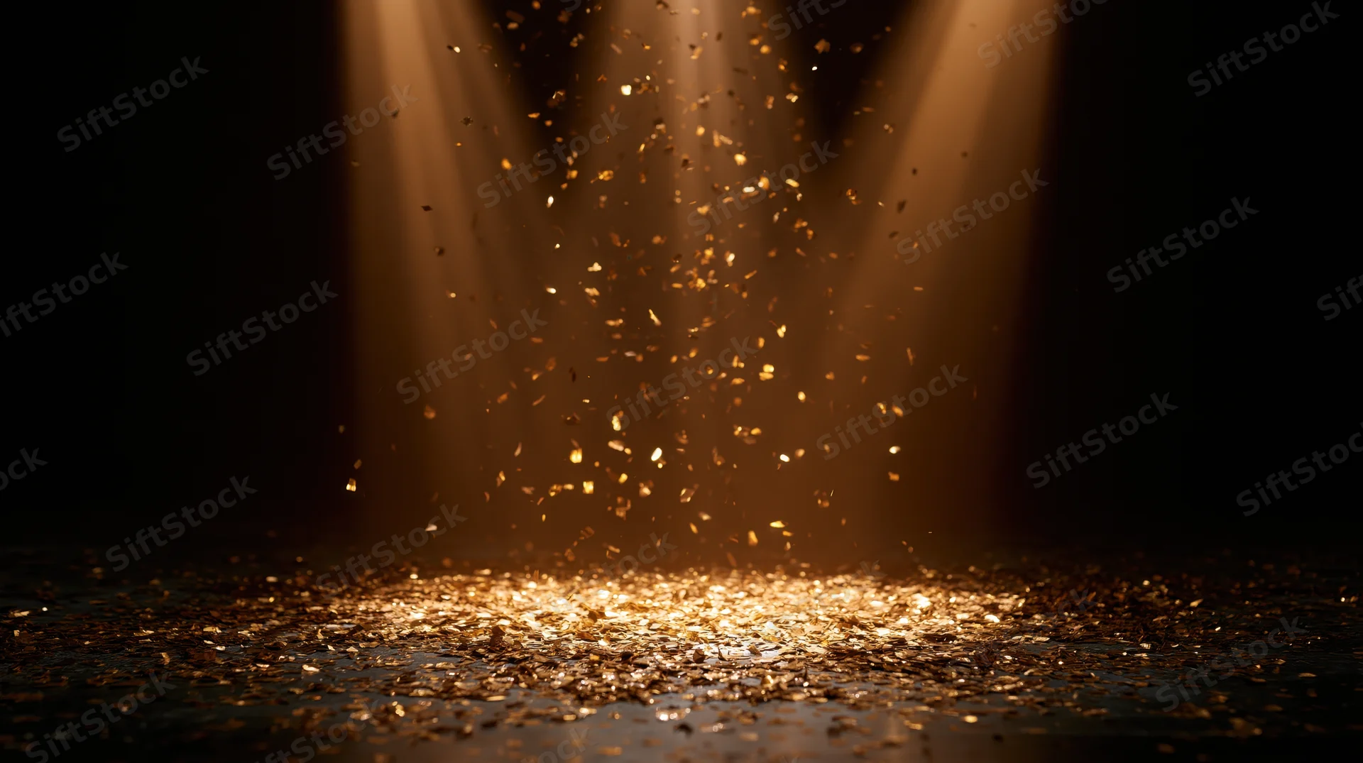 Gold metallic confetti falling through converging stage spotlights onto a dark floor