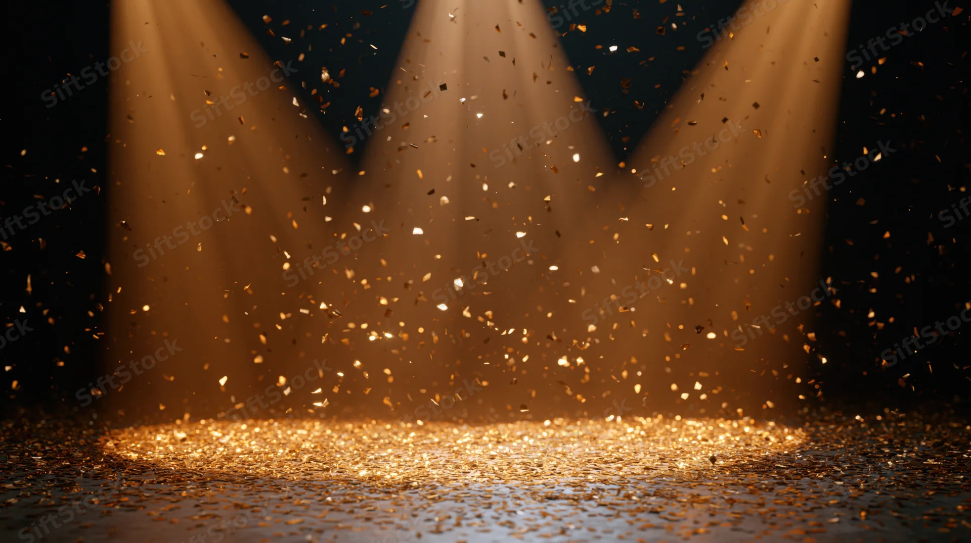 Gold metallic confetti falling through three converging stage spotlights onto a dark floor