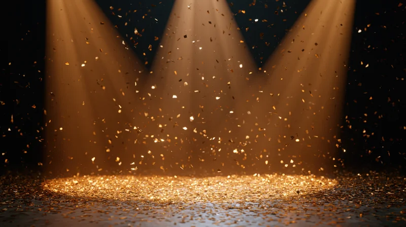 Gold metallic confetti falling through three converging stage spotlights onto a dark floor