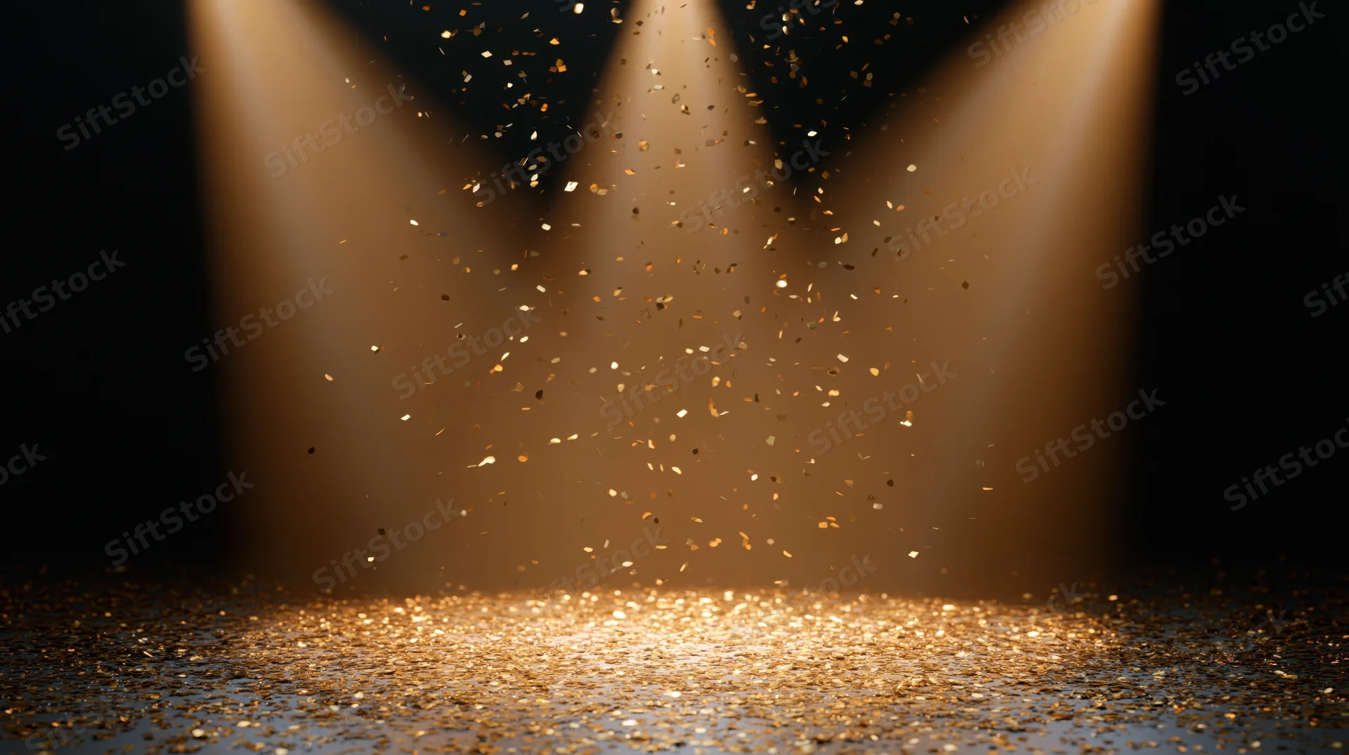 Gold metallic confetti falling through three converging stage spotlights onto a dark floor