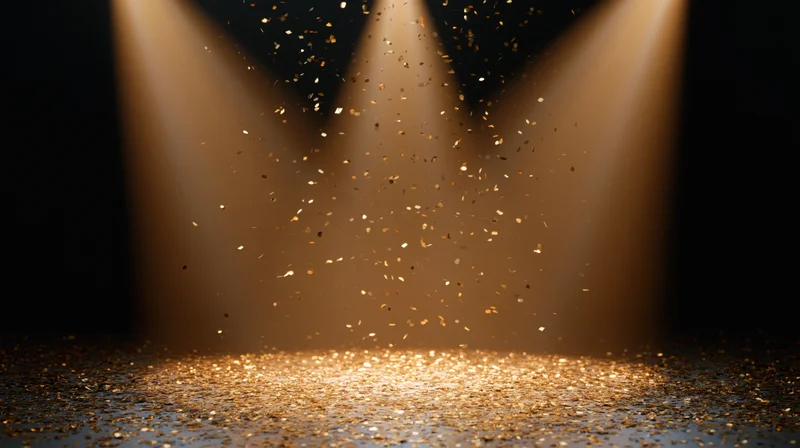Gold metallic confetti falling through three converging stage spotlights onto a dark floor