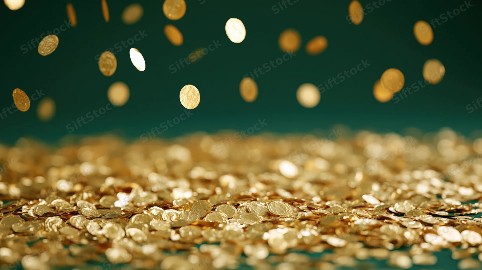 Gold coins falling and scattered across a flat surface with a dark teal background
