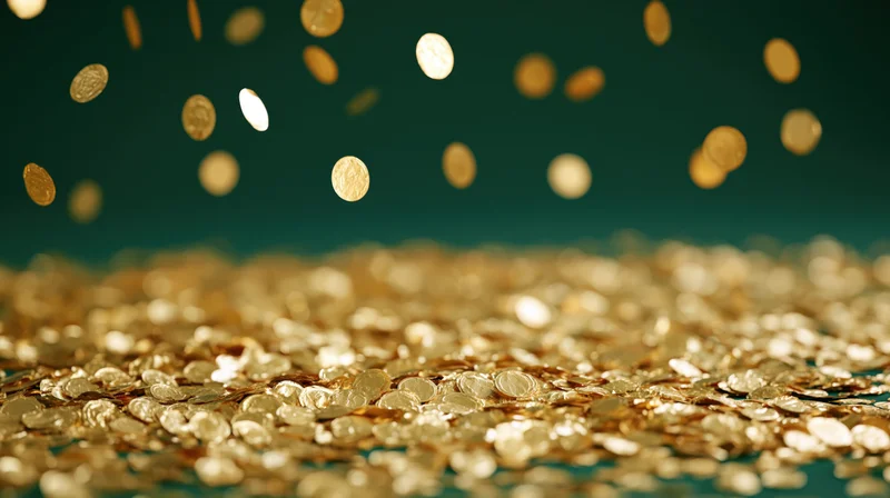 Gold coins falling and scattered across a flat surface with a dark teal background