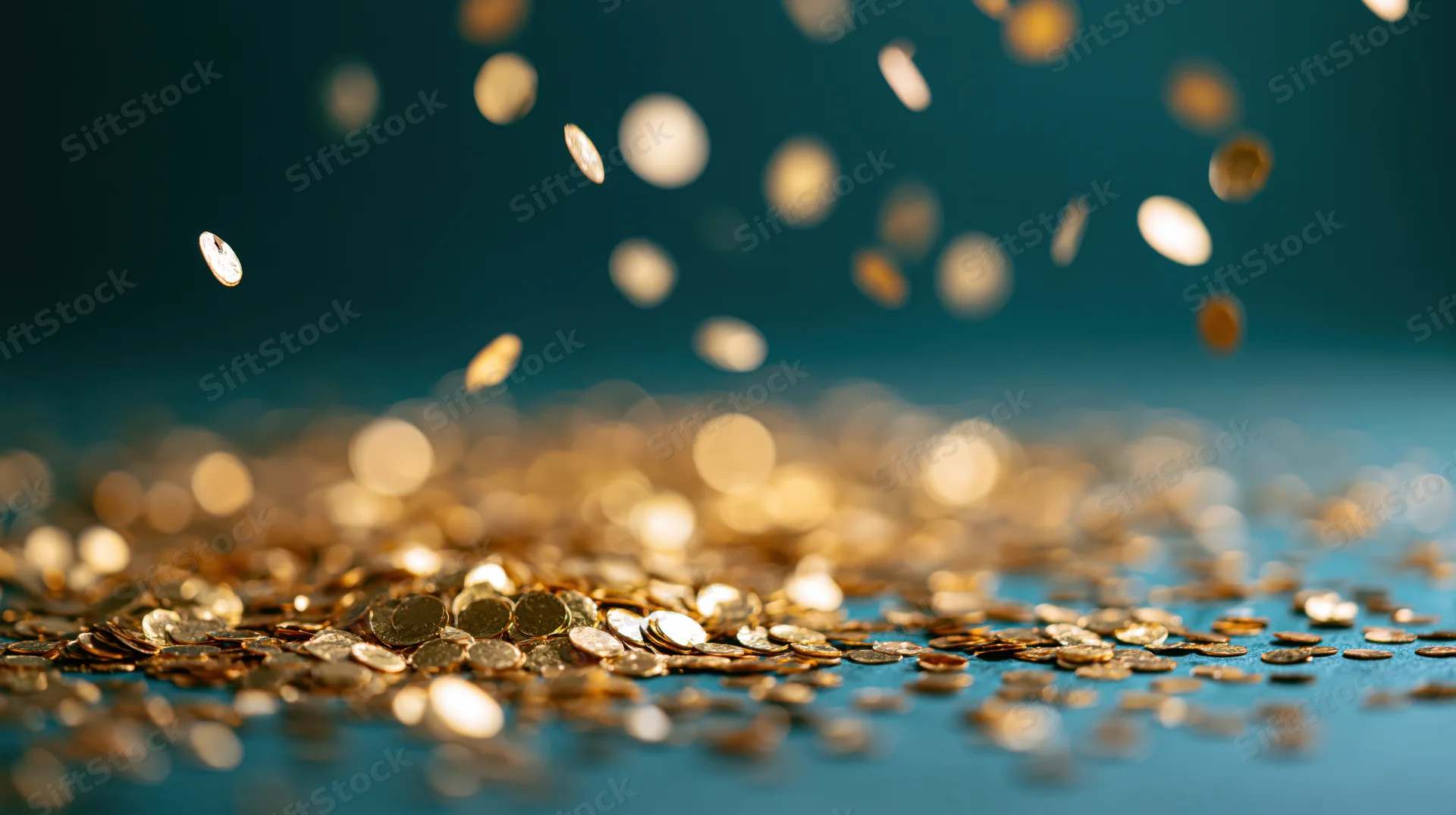 Gold coins falling and scattered across a blue surface with bokeh background