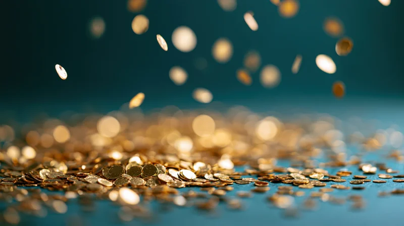 Gold coins falling and scattered across a blue surface with bokeh background