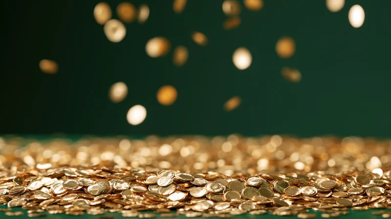 Gold coins falling and piling on a dark green surface