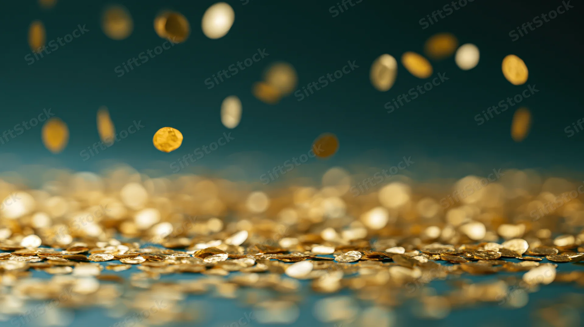 Gold metallic confetti falling and scattered across a flat surface with blurred background