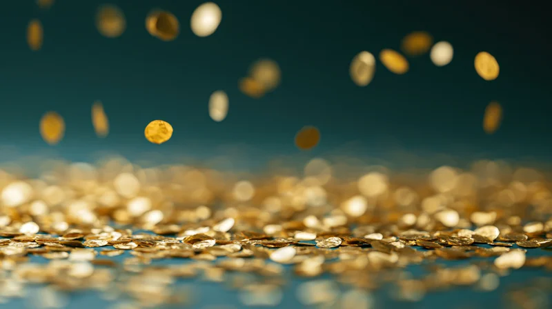 Gold metallic confetti falling and scattered across a flat surface with blurred background
