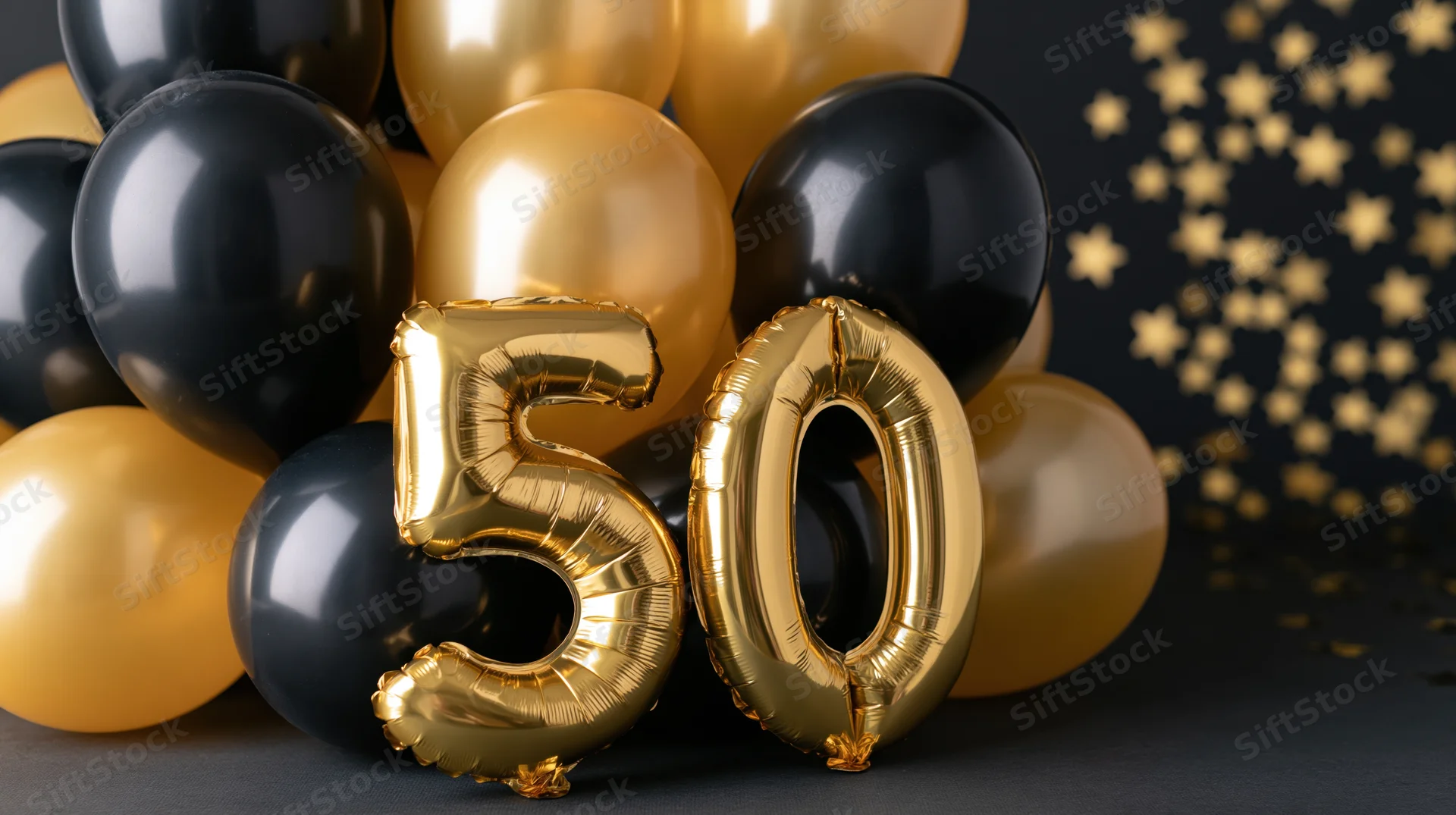 Gold metallic number 50 balloons surrounded by black and gold balloons on dark surface with star confetti
