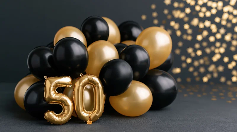 Gold number 50 balloon letters sitting at base of balloons