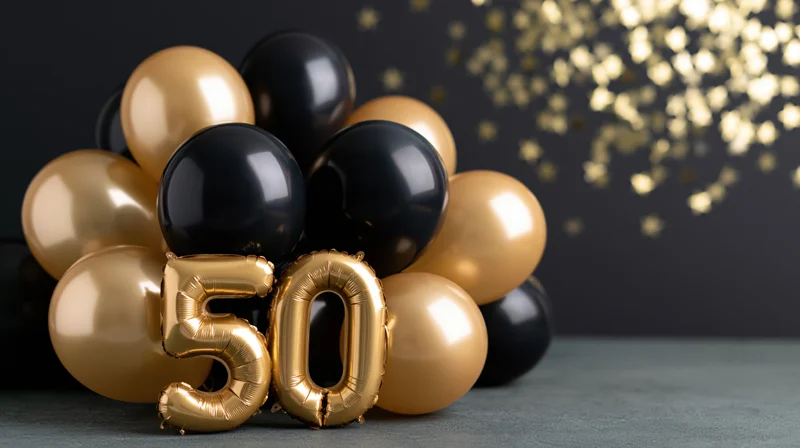 Gold metallic number 50 balloon letters surrounded by black and gold balloons on a dark surface with golden bokeh lights in the background