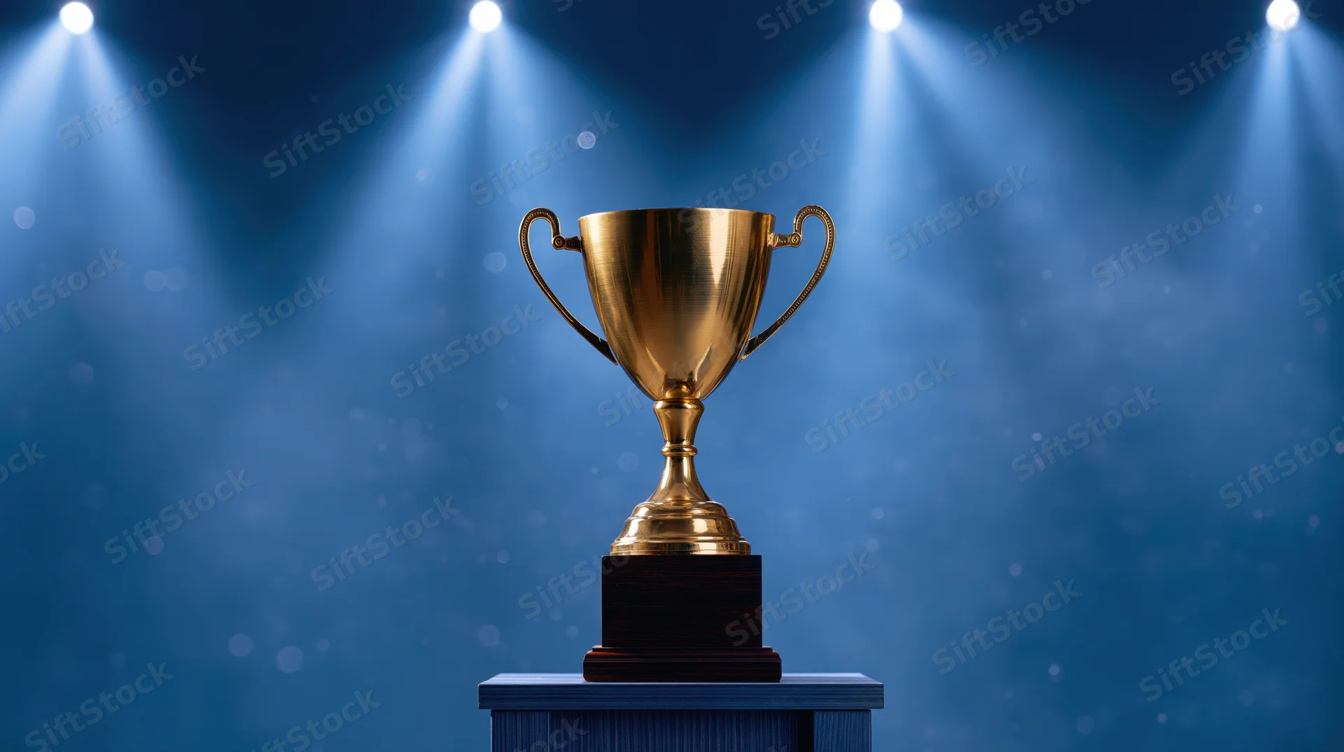 Golden trophy cup on a dark wooden pedestal under spotlights on a stage