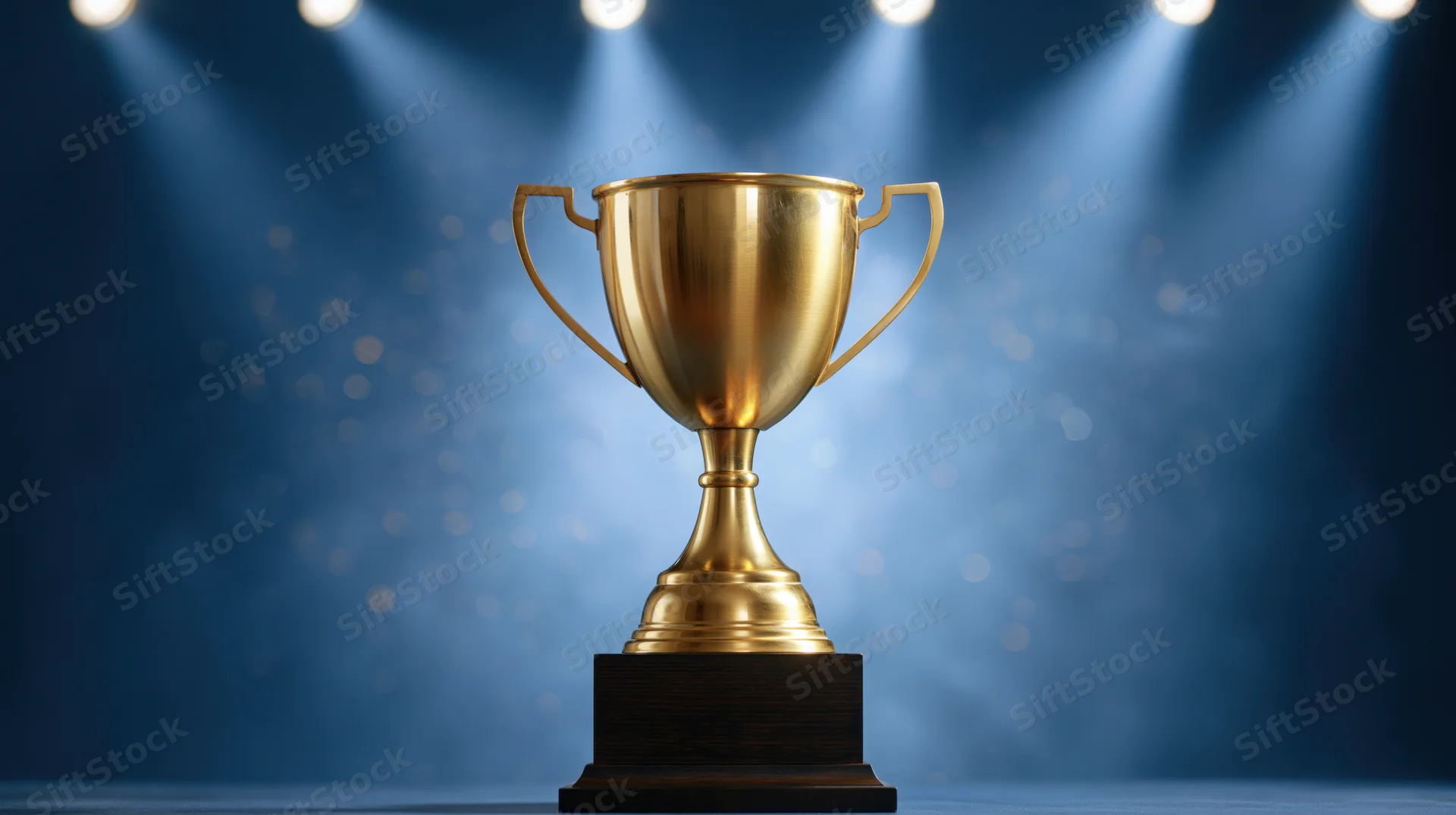 Gold trophy on dark wooden pedestal under stage spotlights