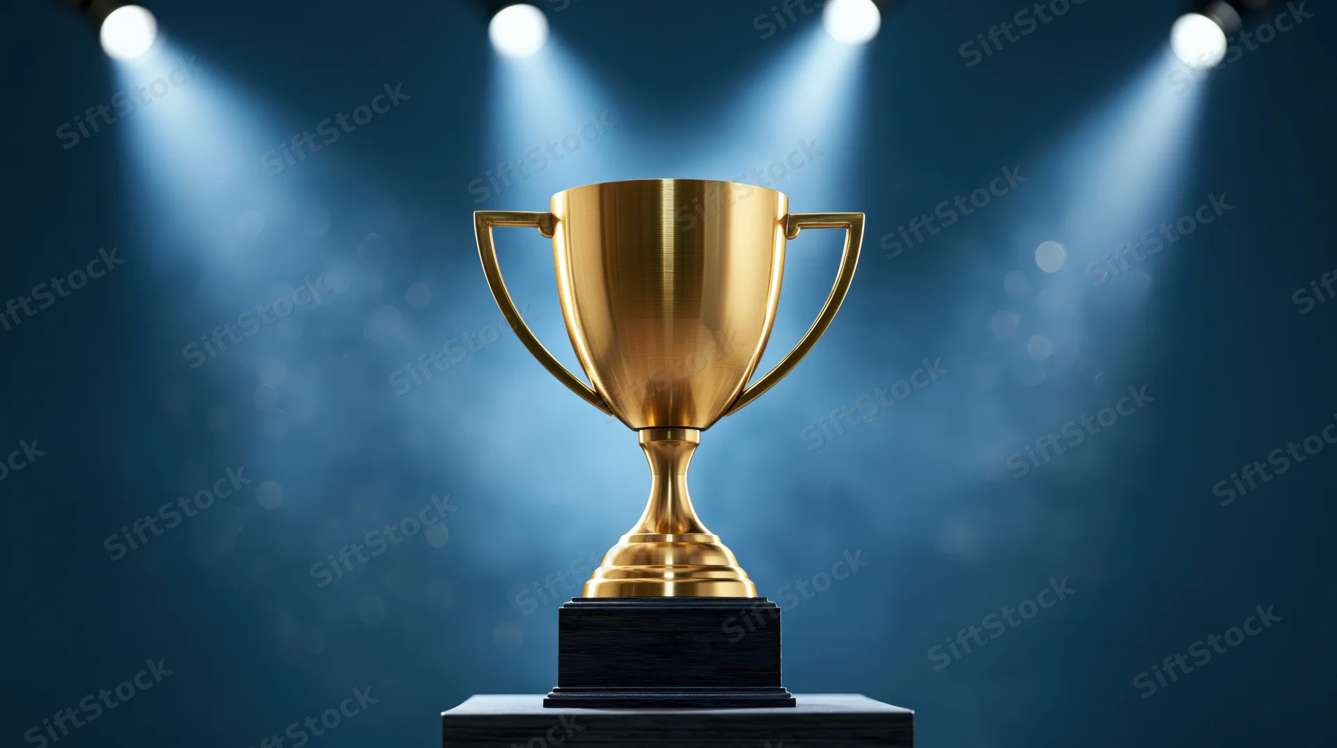 Gold trophy on dark wooden pedestal under spotlights on stage