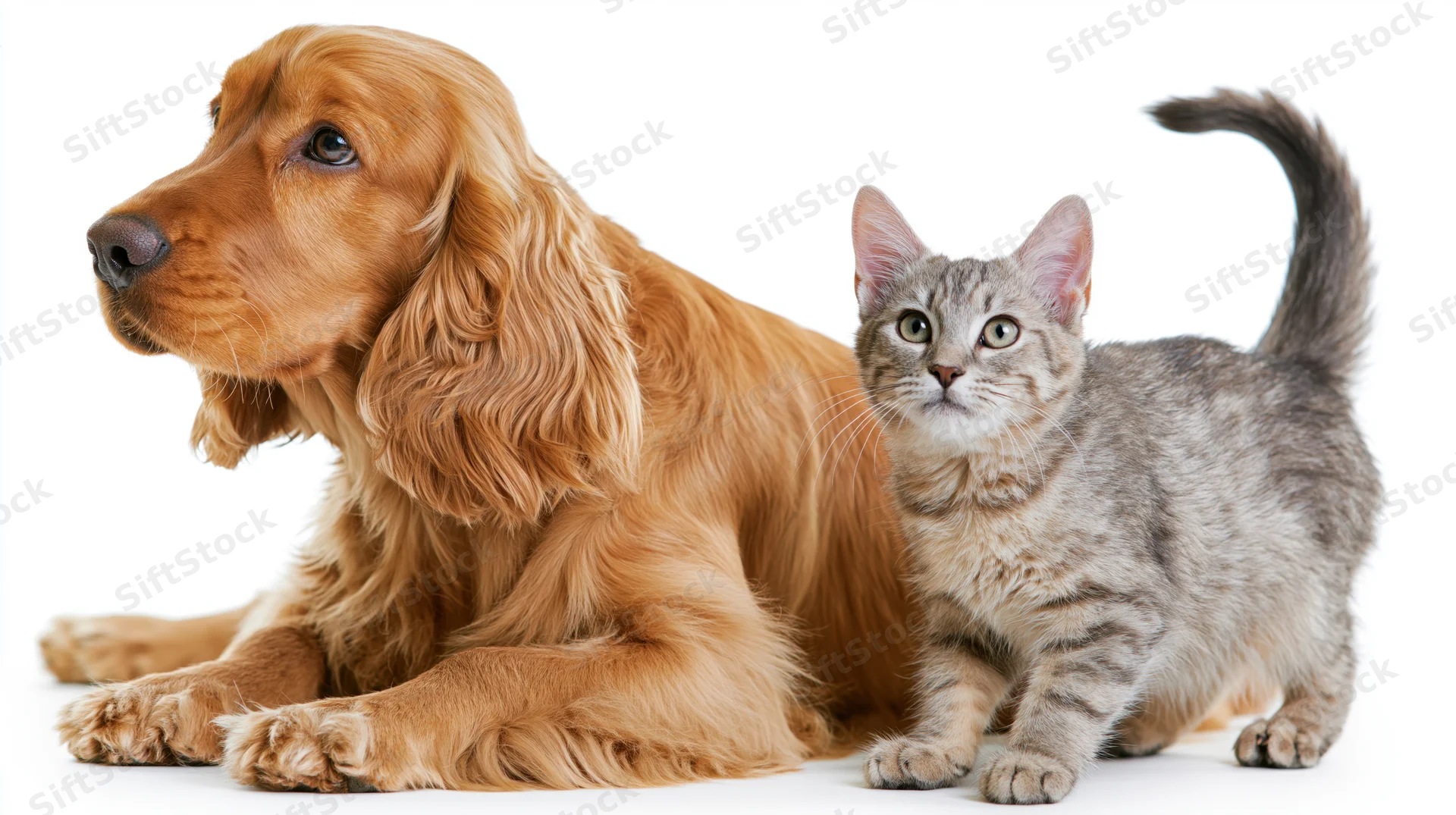 Golden english cocker spaniel lying beside a grey tabby kitten on white background
