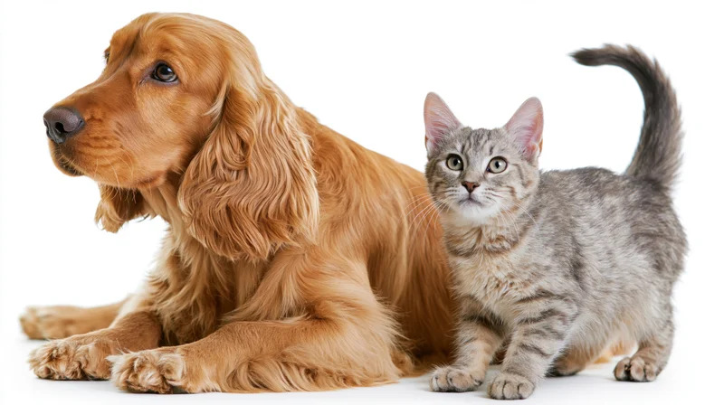 Golden english cocker spaniel lying beside a grey tabby kitten on white background