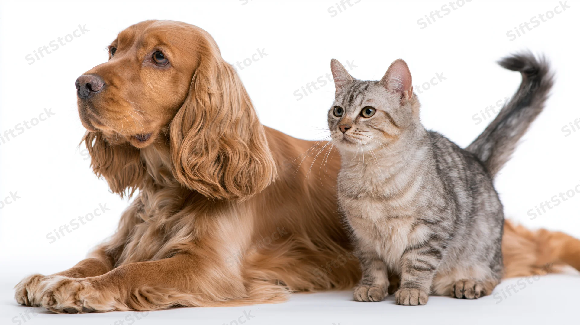Golden english cocker spaniel lying beside a grey tabby cat on white background