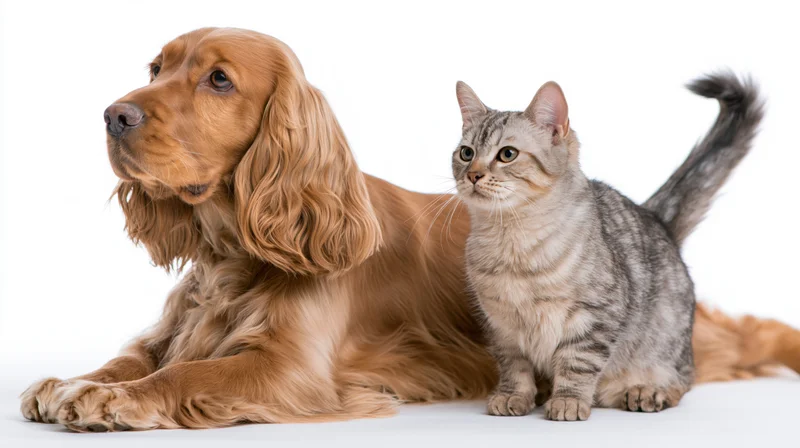Golden english cocker spaniel lying beside a grey tabby cat on white background