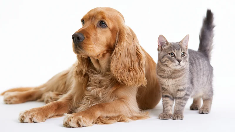 Golden english cocker spaniel lying beside grey tabby cat on white background