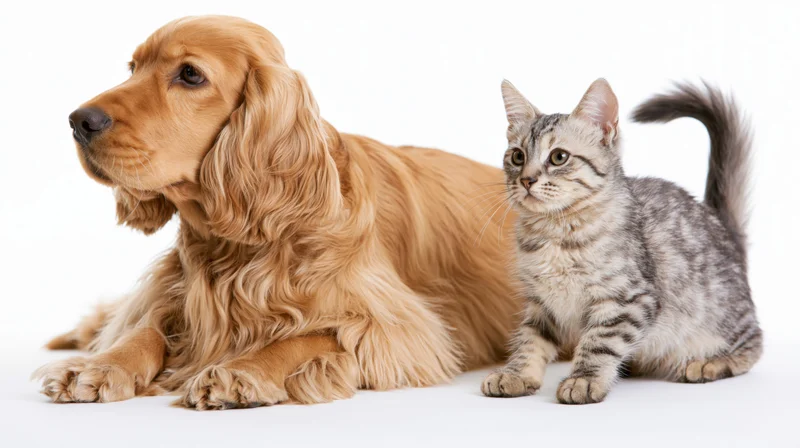 Golden english cocker spaniel lying beside a grey tabby kitten on white background