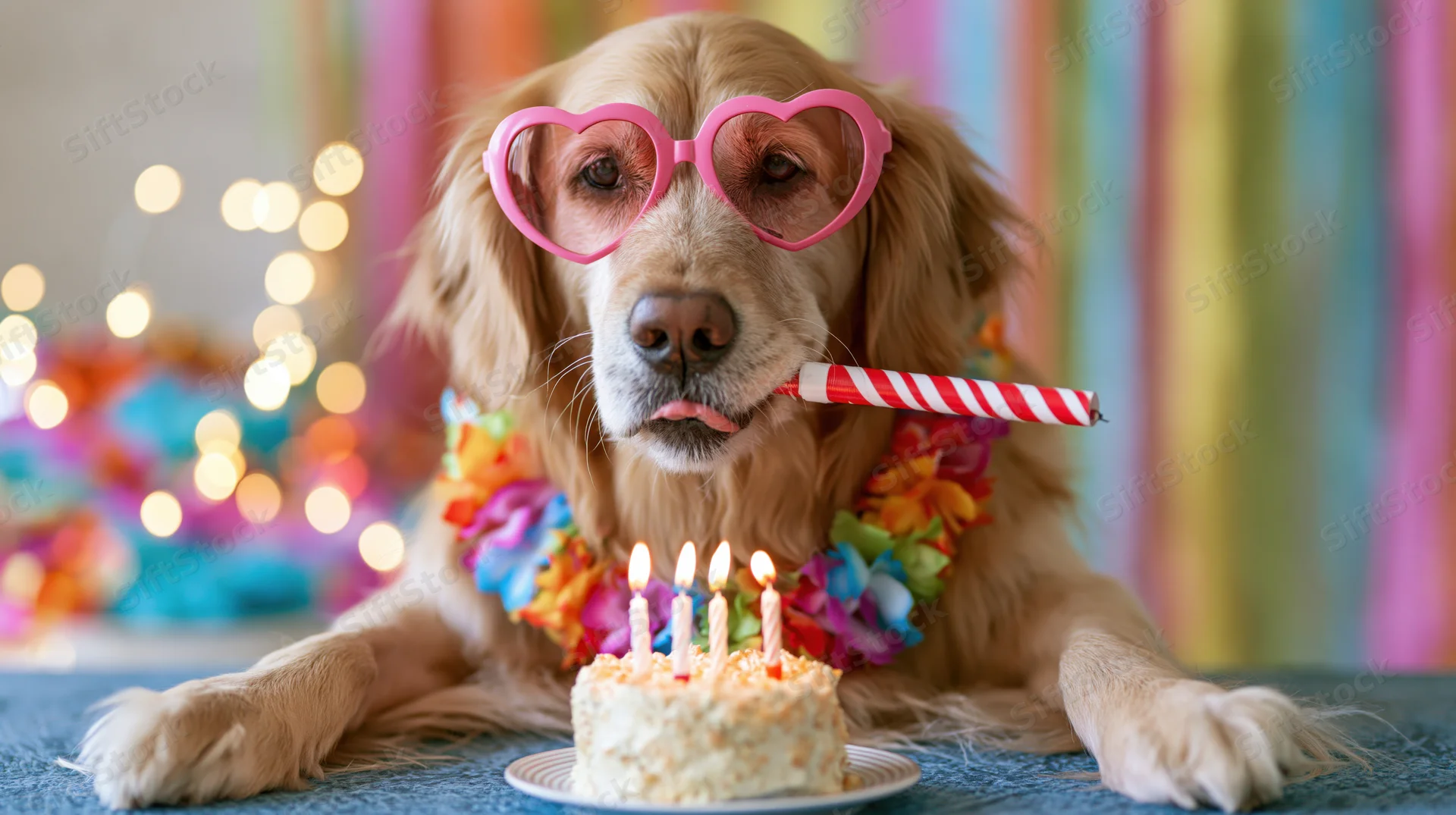 Golden retriever wearing pink heart-shaped sunglasses and a floral lei, holding a party blower in its mouth, with a small birthday cake in front, on a blue surface against a colorful striped backdrop with bokeh lights